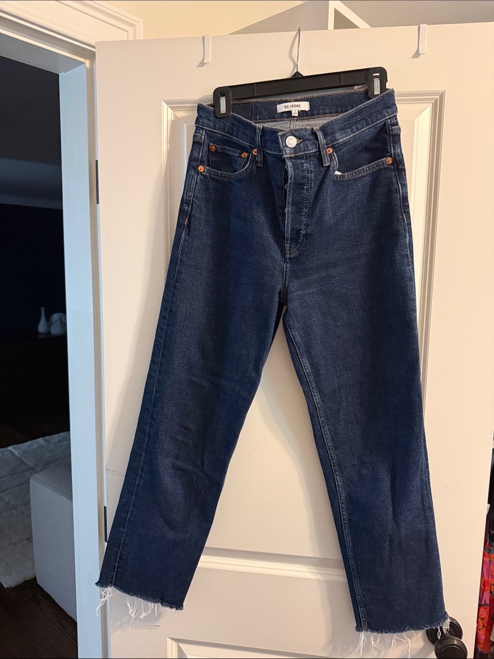 Re/Done Dark Indigo High-Rise Cropped Straight Jeans with Frayed Hem